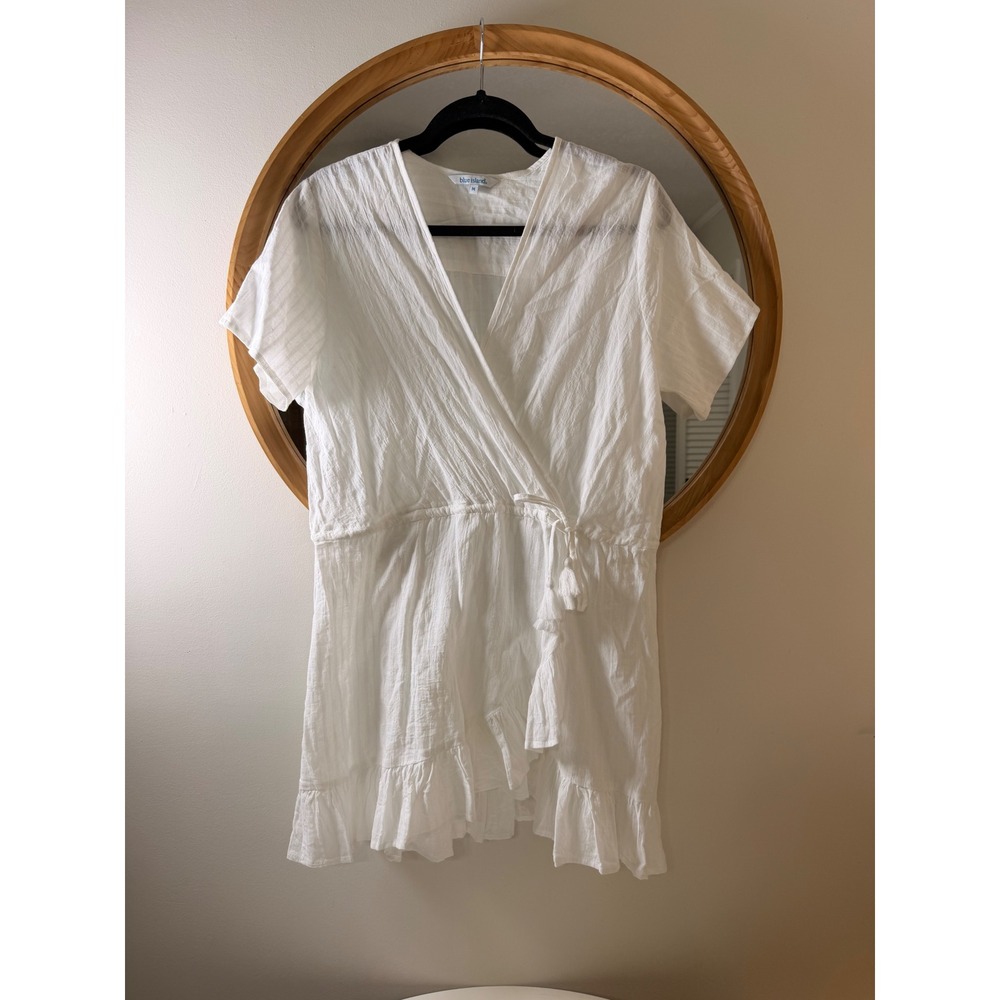 Blue Island Wrap Dress‎ Women Medium White Excellent Tassel Ruffle Mini Gauze